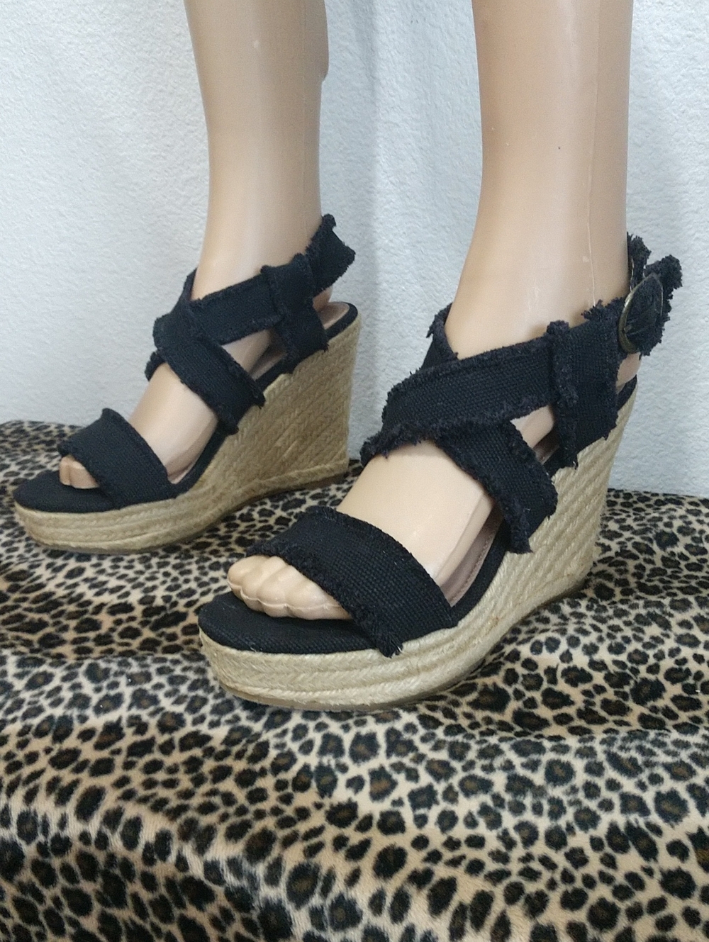Candie's Black Frayed Fabric Espadrille Wedge Sandals